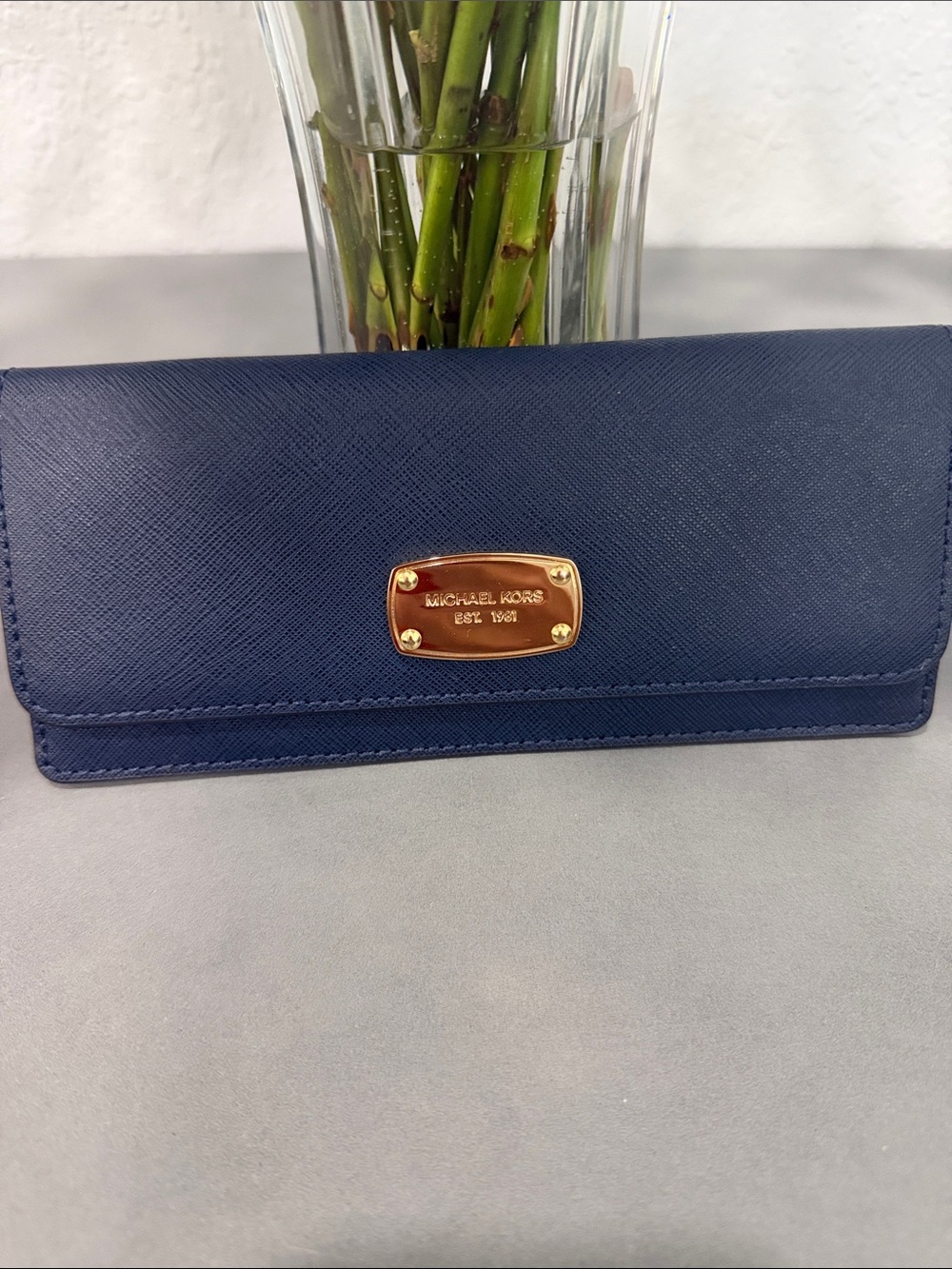 Michael Kors Navy Saffiano Continental Wallet with Gold Plaque